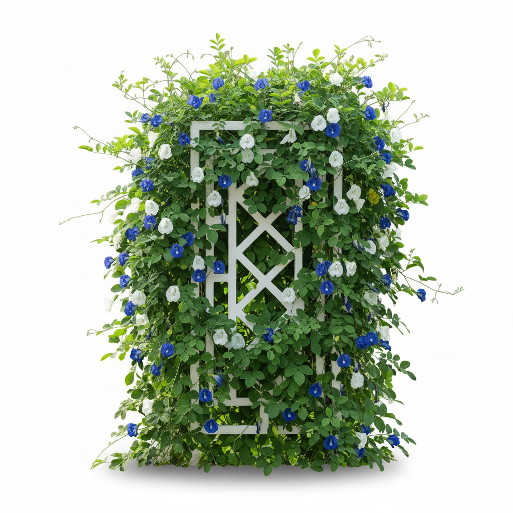Blue and white Aprajita butterfly pea flowers growing on a green vine