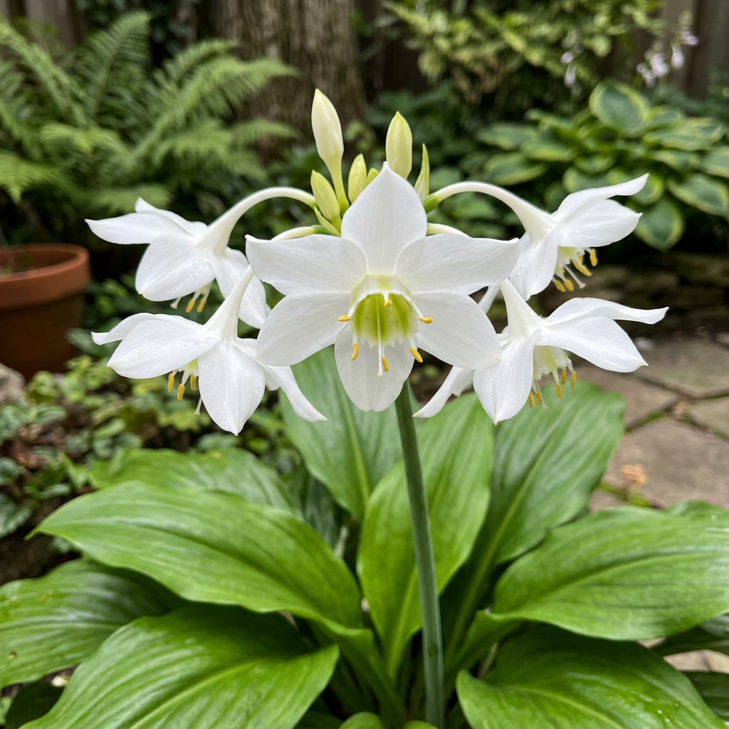 AI-generated illustration of white Eucharis Amazon lily flowers and green foliage