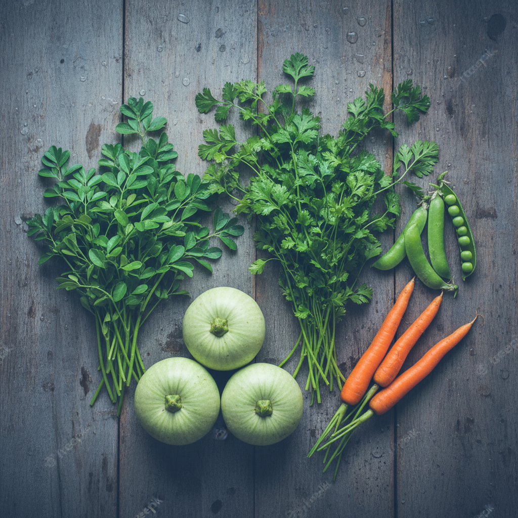 Flat lay of 5 Indian winter vegetables — coriander, fenugreek, round gourd tinda, green peas and carrot on rustic wooden surface