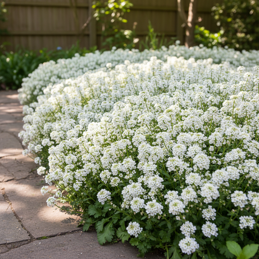 Masses of pure white Candytuft flowers forming a dense carpet along a garden border with lush green foliage