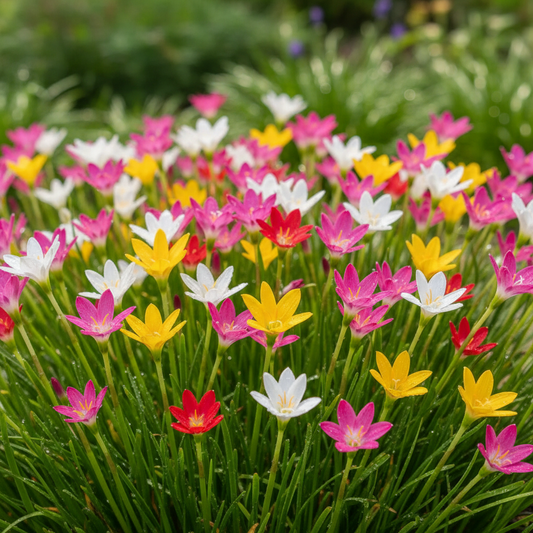 Rain Lily Zephyranthes vibrant mixed color star-shaped blooms in pink, white, yellow and red with water droplets