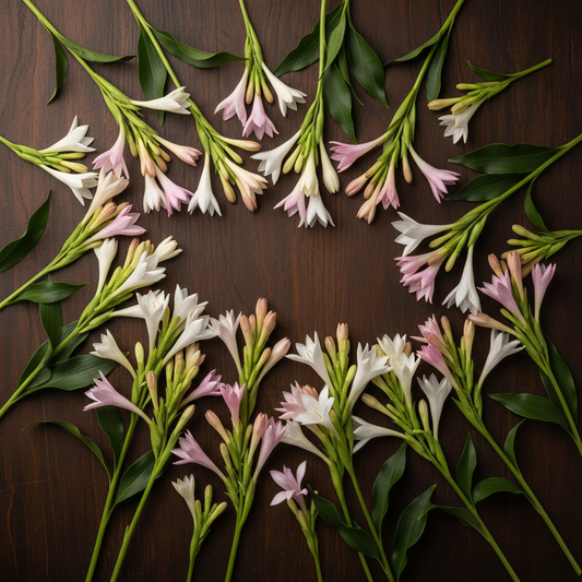 Mix color Tuberose Rajnigandha white pink and cream flower spikes flat lay on dark wooden surface with green leaves