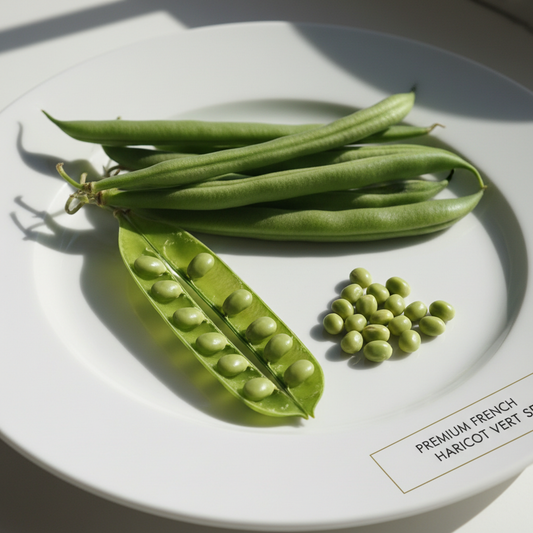 Fresh French green bean pods and seeds on a clean white surface