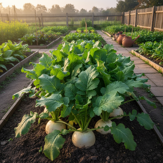 Desi shalgam turnip growing in winter garden bed with round roots visible above dark soil and green leafy tops