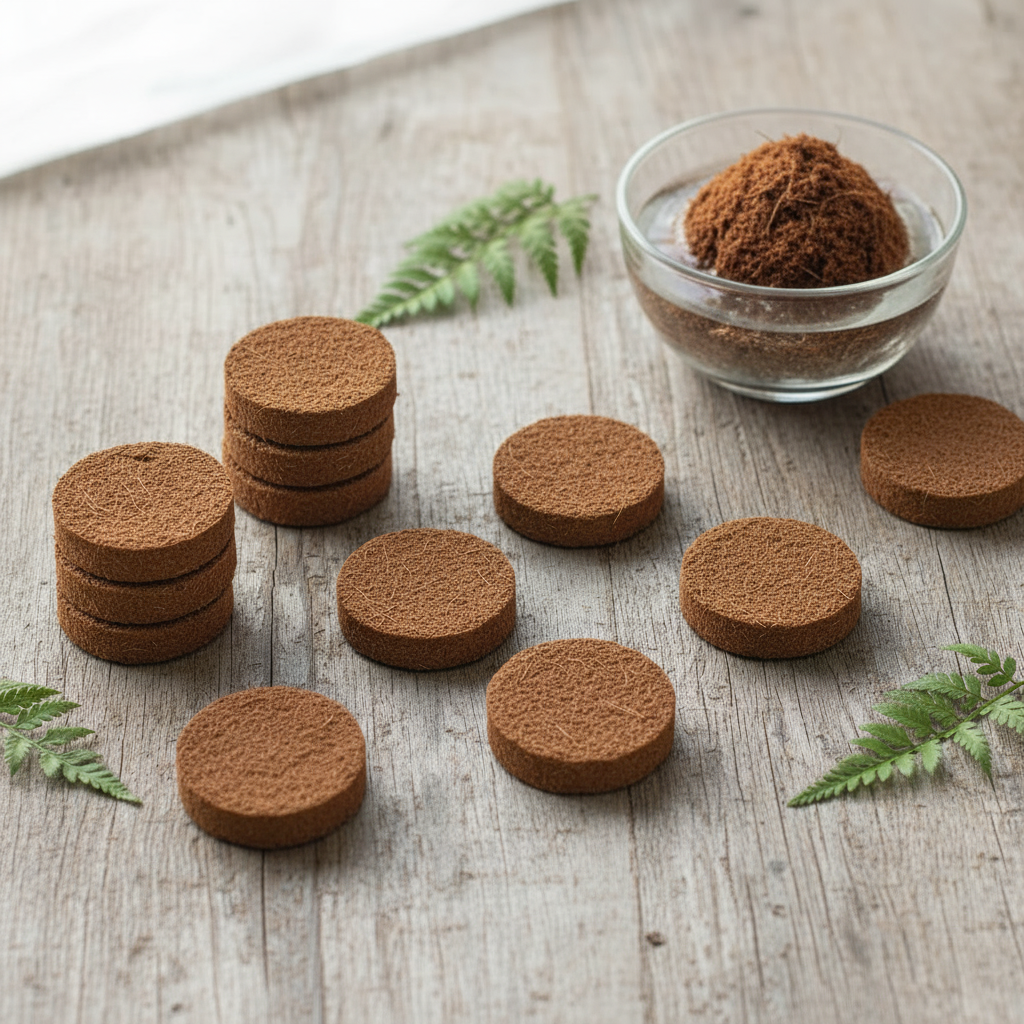 Ten cocopeat agropeat coins arranged neatly with expanded fluffy blocks and tiny green seedlings sprouting