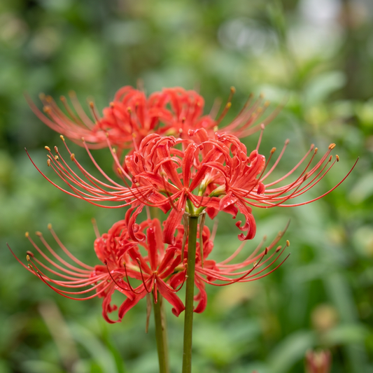 AI-generated close-up illustration of red Lycoris flowers with curled petals and long stamens.