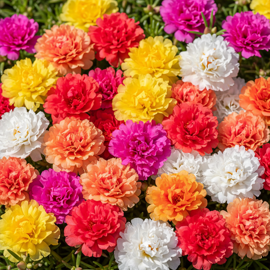 Portulaca Rainbow Hybrid Moss Rose large double blooms in vivid red, hot pink, coral, orange and yellow close-up