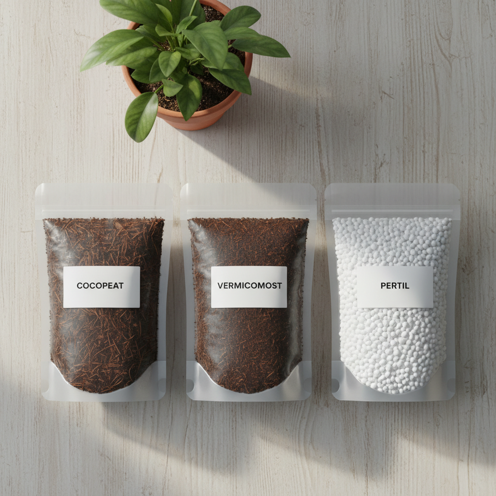 Flat lay of three transparent soil pouches - cocopeat, vermicompost and perlite