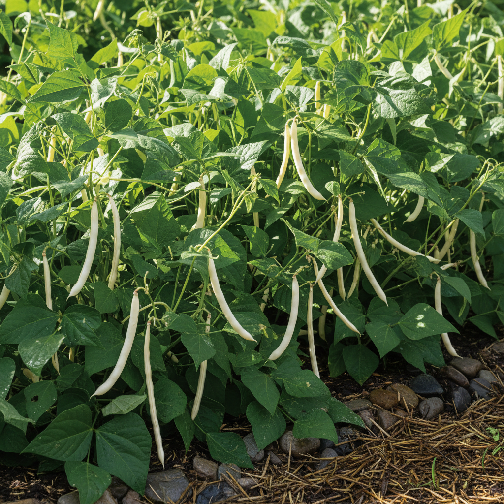 Bushy green plants with long pale cream white bean pods hanging from stems in a garden bed in natural sunlight