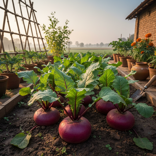 Red Ball turnip shalgam growing in garden bed with round red-purple roots visible above soil