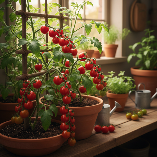 Lush green cherry tomato plants loaded with clusters of small bright red fruits hanging from branches in a garden