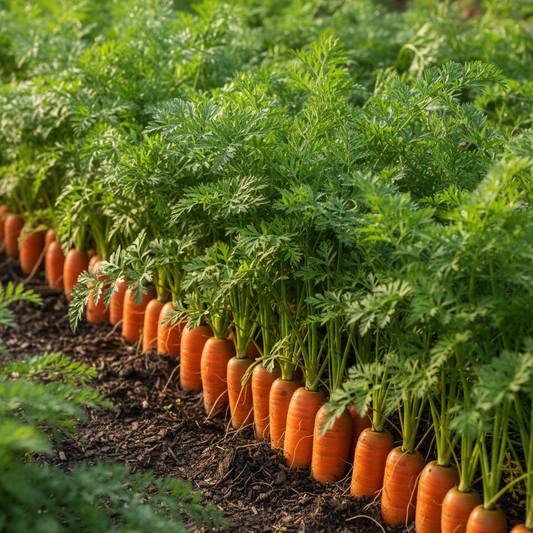 Bright orange cylindrical Nantes carrot roots partially visible at soil level with lush green feathery tops in an organic garden bed