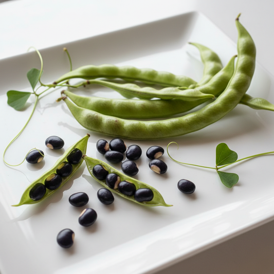 Fresh hyacinth bean sem fali flat pods and seeds on a clean white surface