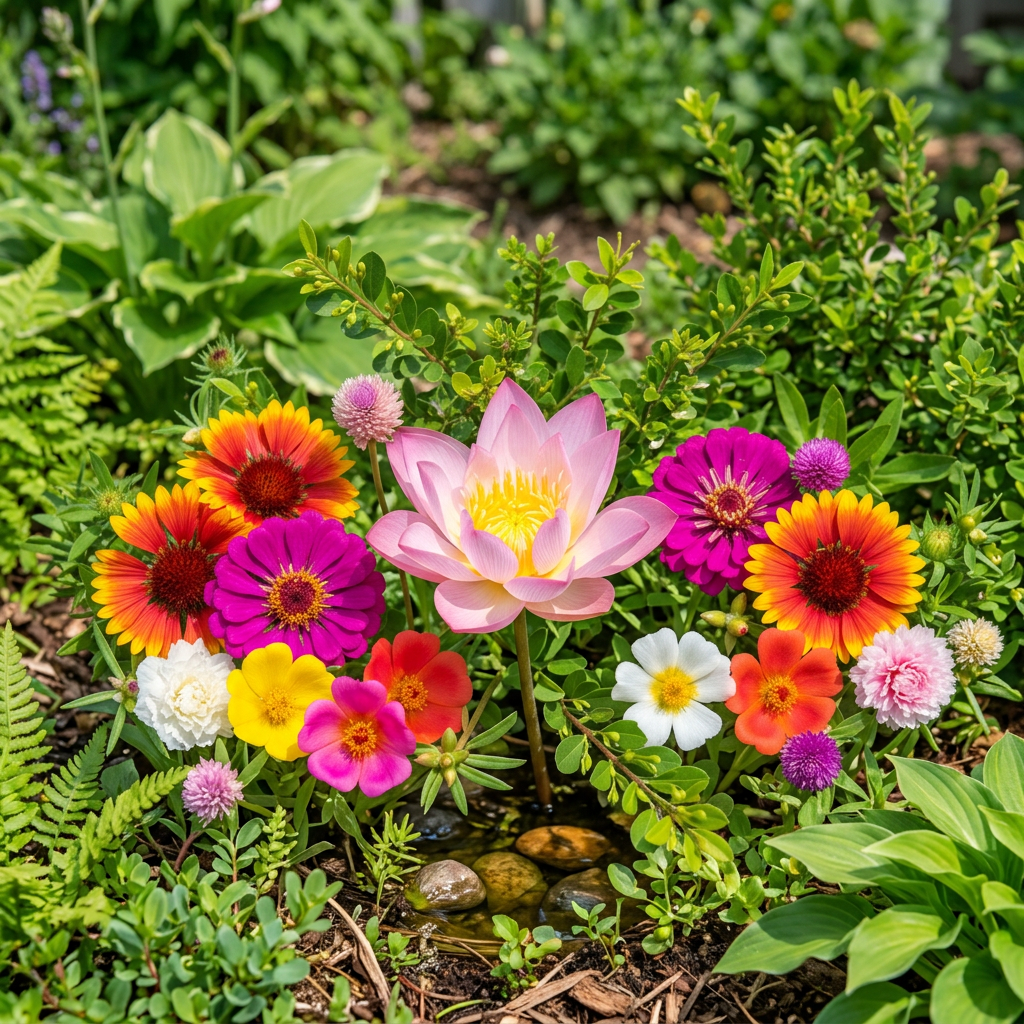 Flower seeds combo pack with 5 varieties - Gaillardia, Zinnia Purple, Portulaca, Gomphrena and Pink Lotus in full bloom