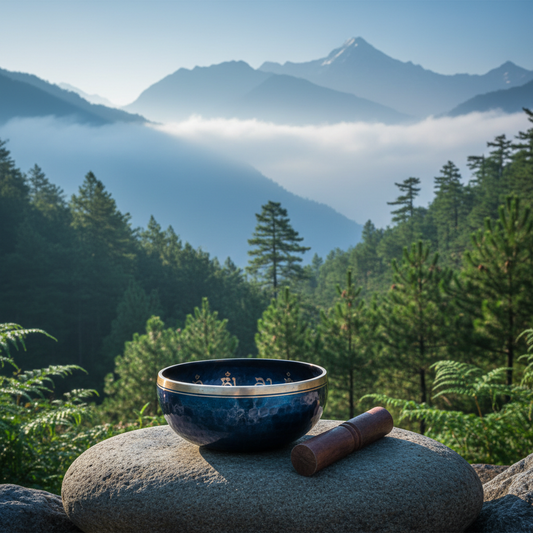 Blue Buddhist singing bowl with striker on smooth stone with misty Himalayan pine forest backdrop