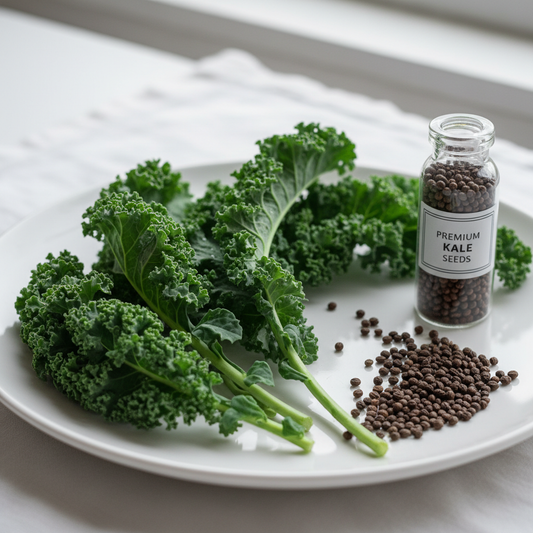 Fresh kale leaves and kale seeds arranged on a clean white surface