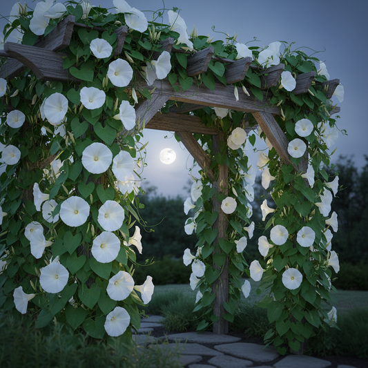Moonflower white climbing vine with large white blooms cascading over a wooden trellis in a romantic garden