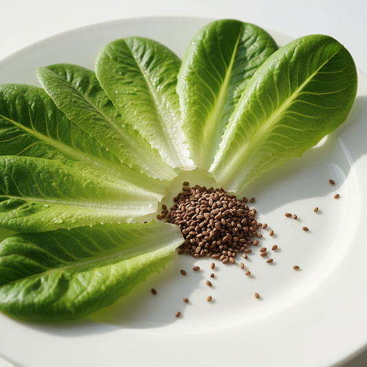Fresh lettuce leaves and lettuce seeds arranged on a clean white surface