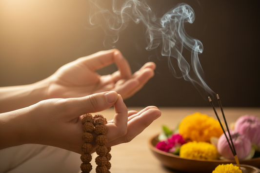 Rudraksha style Japa Mala held in hands during meditation with warm golden light