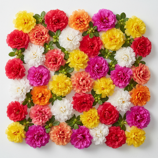 Portulaca Rainbow Hybrid Moss Rose flowers flat lay in full rainbow of colors on white surface