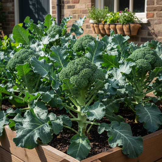 Large green broccoli heads forming on sturdy plants with broad blue-green leaves in a garden bed