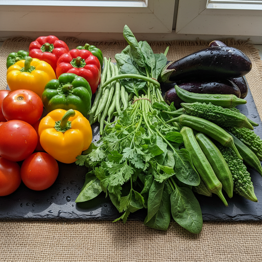 Collage of diverse fresh Indian vegetables including tomatoes capsicum beans coriander spinach brinjal okra and bitter gourd arranged together