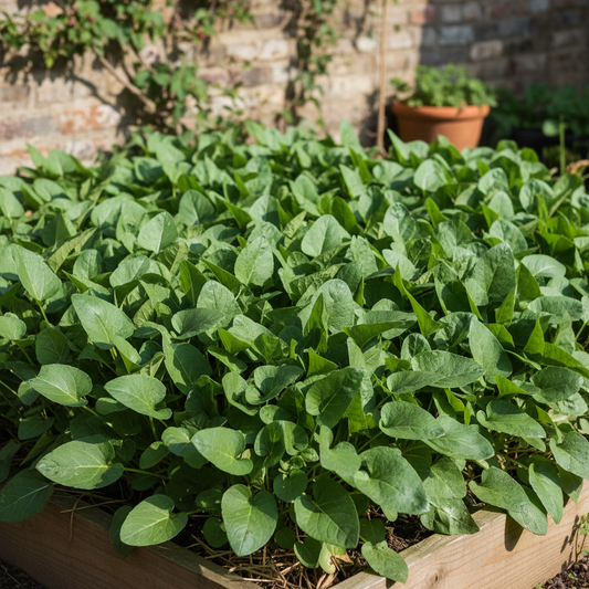 Lush green bathua chenopodium plants with dense diamond shaped leaves growing in a kitchen garden bed