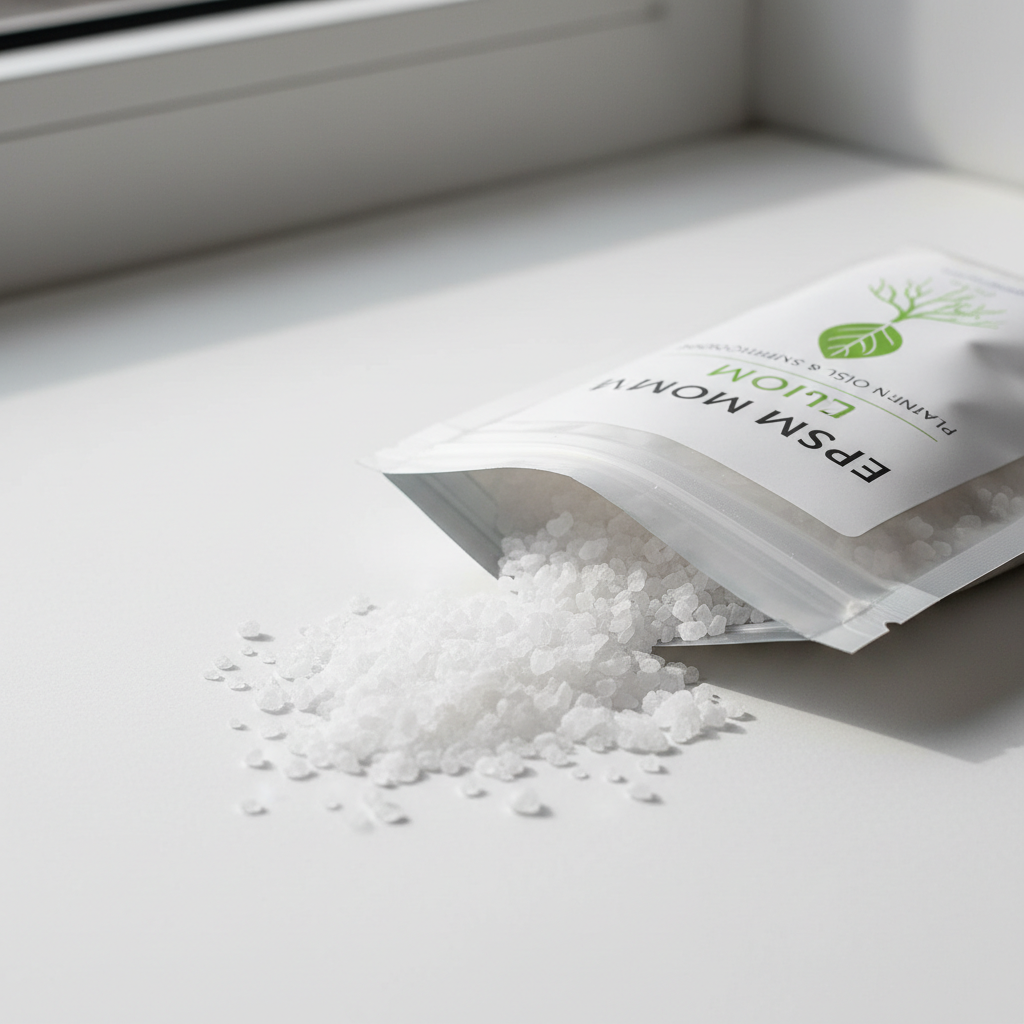 Close-up of white Epsom salt crystals spilling from transparent pouch