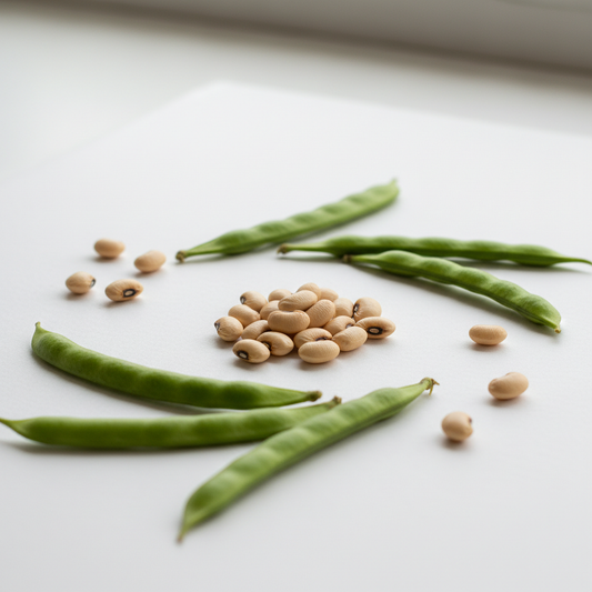 Cowpea lobia seeds and fresh pods arranged on a clean white surface