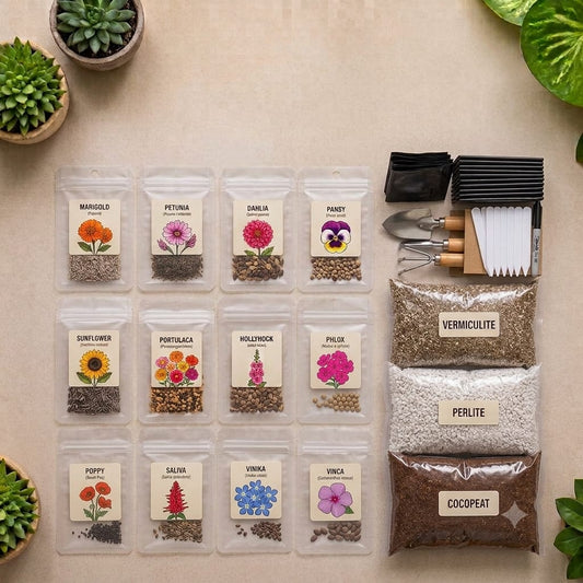 DIY Seasonal Flower Grow Kit - Pack of 12 Varieties Winter Flower Seeds + Soil Packets(CocoPeat+ParaLite+VermiCulite) + Growing Bags-12 Pcs+ Tool Kit-3 Pcs