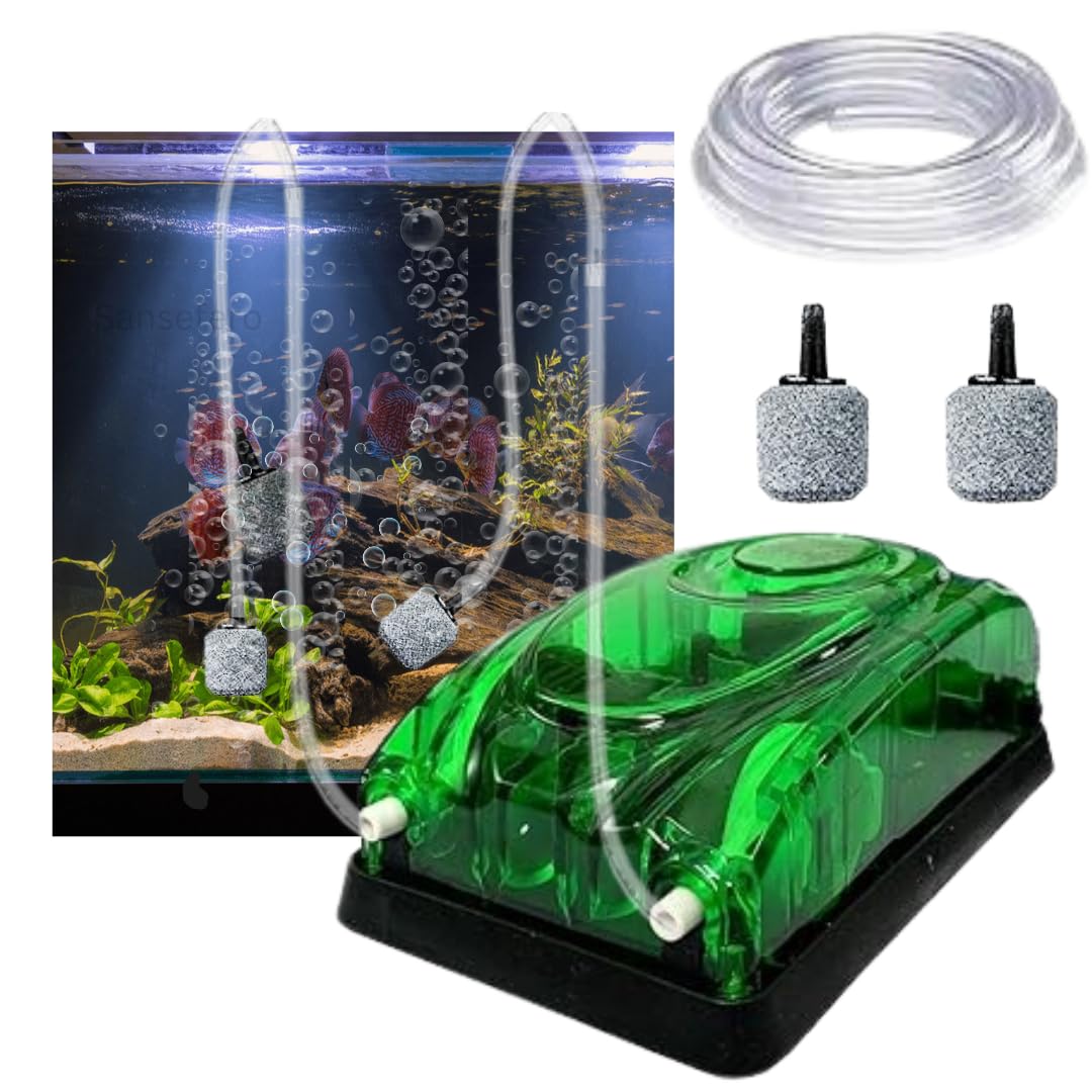 Aquarium Silent Air Pump 2-Way | 2 Metre Air Tube & 2 Air Stones Included | Fish Tank Oxygen Pump(Design and Color May Vary)