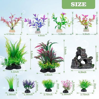 12Pcs Aquarium Artificial Plants & Rock Cave Decor Set