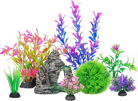 8Pcs Aquarium Artificial Plants & Rock Cave Decor Set for colorful Aquarium-Combo Set