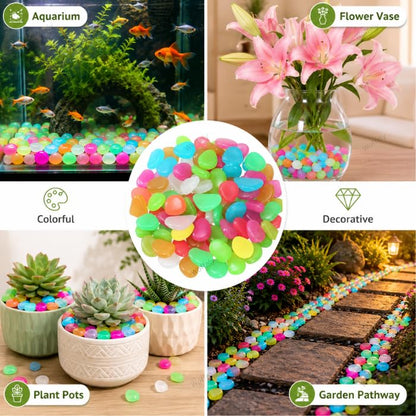 Glow in The Dark Stones 100 Pcs (1 Pack) - Glow Pebbles Aquarium Rocks for Fish Tank, Lawn, Yard, Garden, Walkway & Plant Pots - Rainbow - 1x1cm