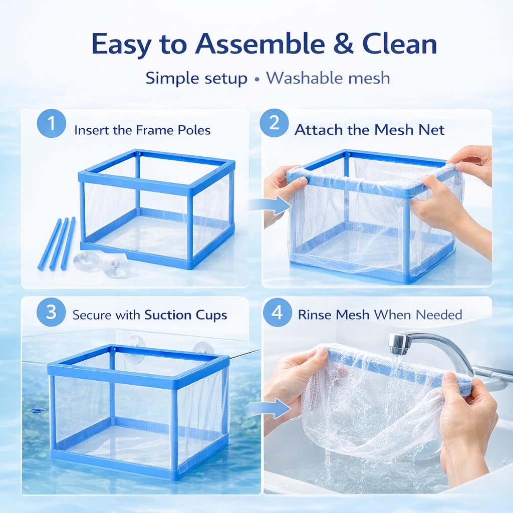 Fish Tank Breeder Net Box with Suction Cups | Blue Mesh Fry Saver | Isolation Box for Baby, Injured & Aggressive Fish(Color May Vary)
