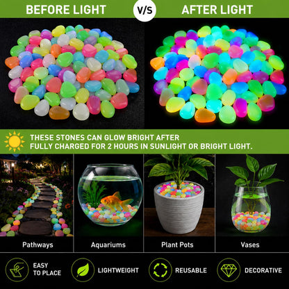 Glow in The Dark Stones 100 Pcs (1 Pack) - Glow Pebbles Aquarium Rocks for Fish Tank, Lawn, Yard, Garden, Walkway & Plant Pots - Rainbow - 1x1cm