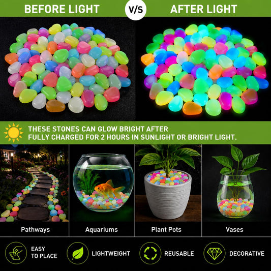 Glow in The Dark Stones 100 Pcs (1 Pack) - Glow Pebbles Aquarium Rocks for Fish Tank, Lawn, Yard, Garden, Walkway & Plant Pots - Rainbow - 1x1cm