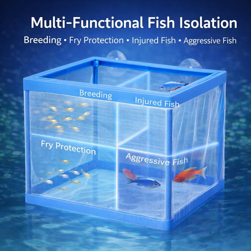 Fish Tank Breeder Net Box with Suction Cups | Blue Mesh Fry Saver | Isolation Box for Baby, Injured & Aggressive Fish(Color May Vary)