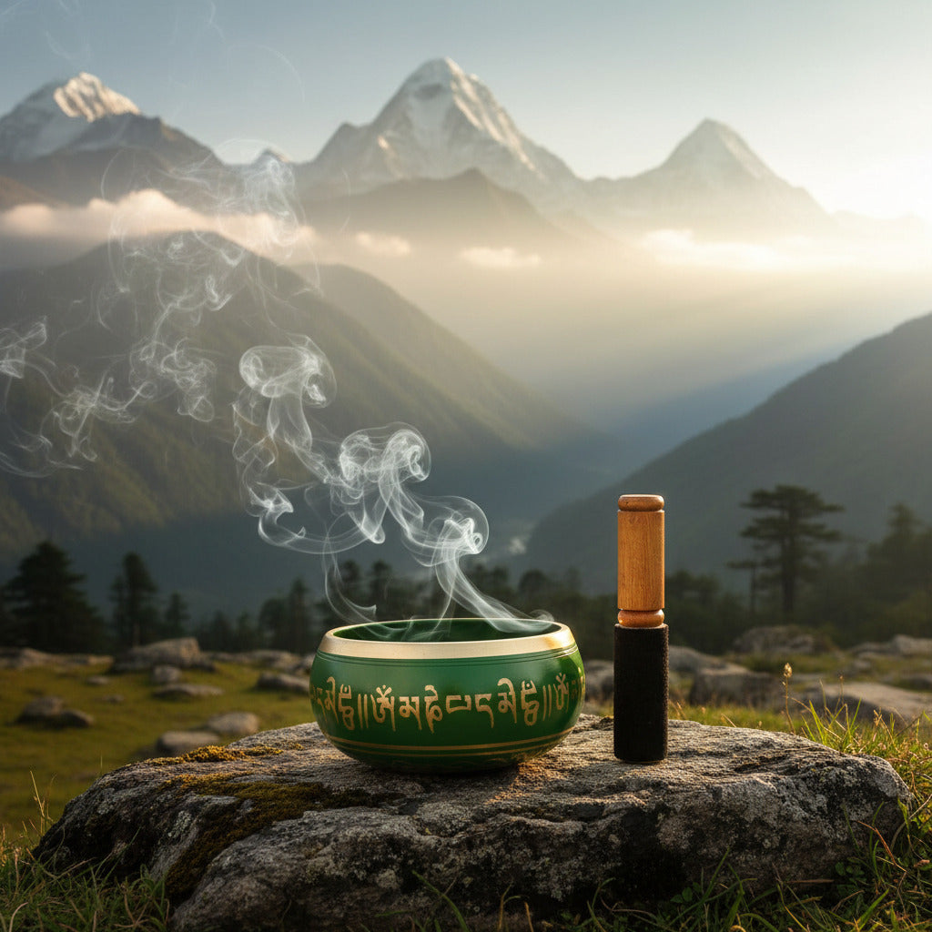 Pure Brass Sound Singing Bowl for Stress Relief Meditation Bowl with Stick 6 Inch (Green)