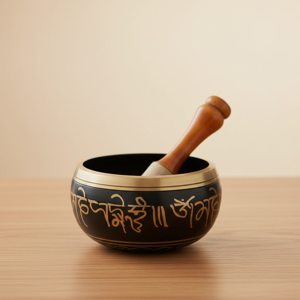 Singing Bowl Buddhist Prayer Instrument With Striker Stick | OM Bell | OM Bowl | Meditation Bowl | Music Therapy (Black)
