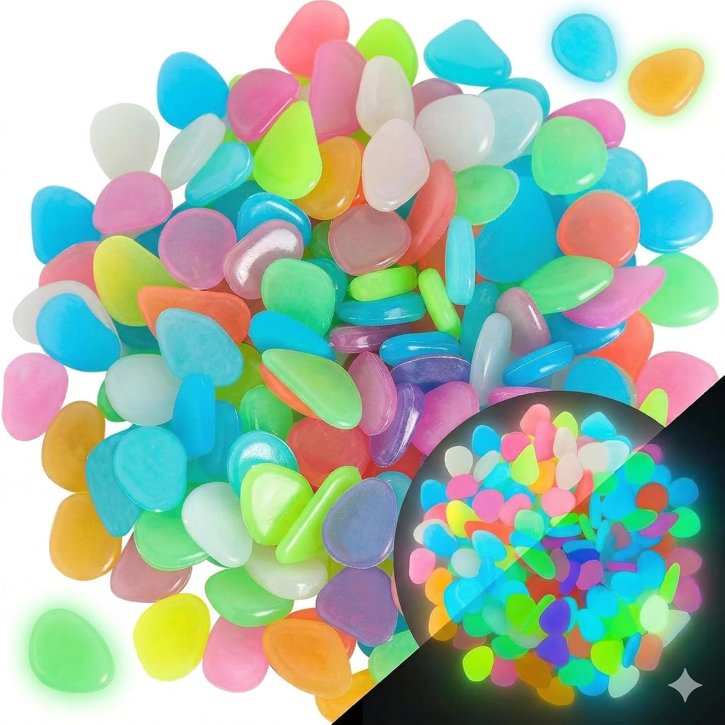 Glow in The Dark Stones 50 Pcs (1 Pack) - Glow Pebbles Aquarium Rocks for Fish Tank, Lawn, Yard, Garden, Walkway & Plant Pots - Rainbow - 1x1cm