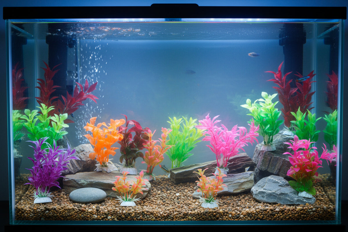 Beautiful Attractive Artificial Aquarium Decoration Plastic Plant - 6cm - 5 Pc Set (Lime-Green-Yellow-Pink)Design May Vary