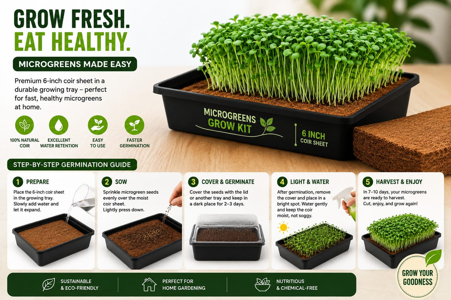 DIY Microgreen Ready-to-Grow Kit - 6 Varieties Seeds Combo Pack + 6 Growing Trays + 6 Organic Coir Mats