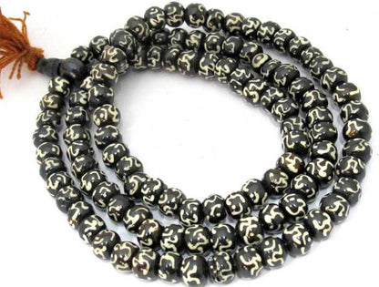 Black Om Printed Glass Japa Mala | Attractive Rosary Necklace for Chanting & Meditation