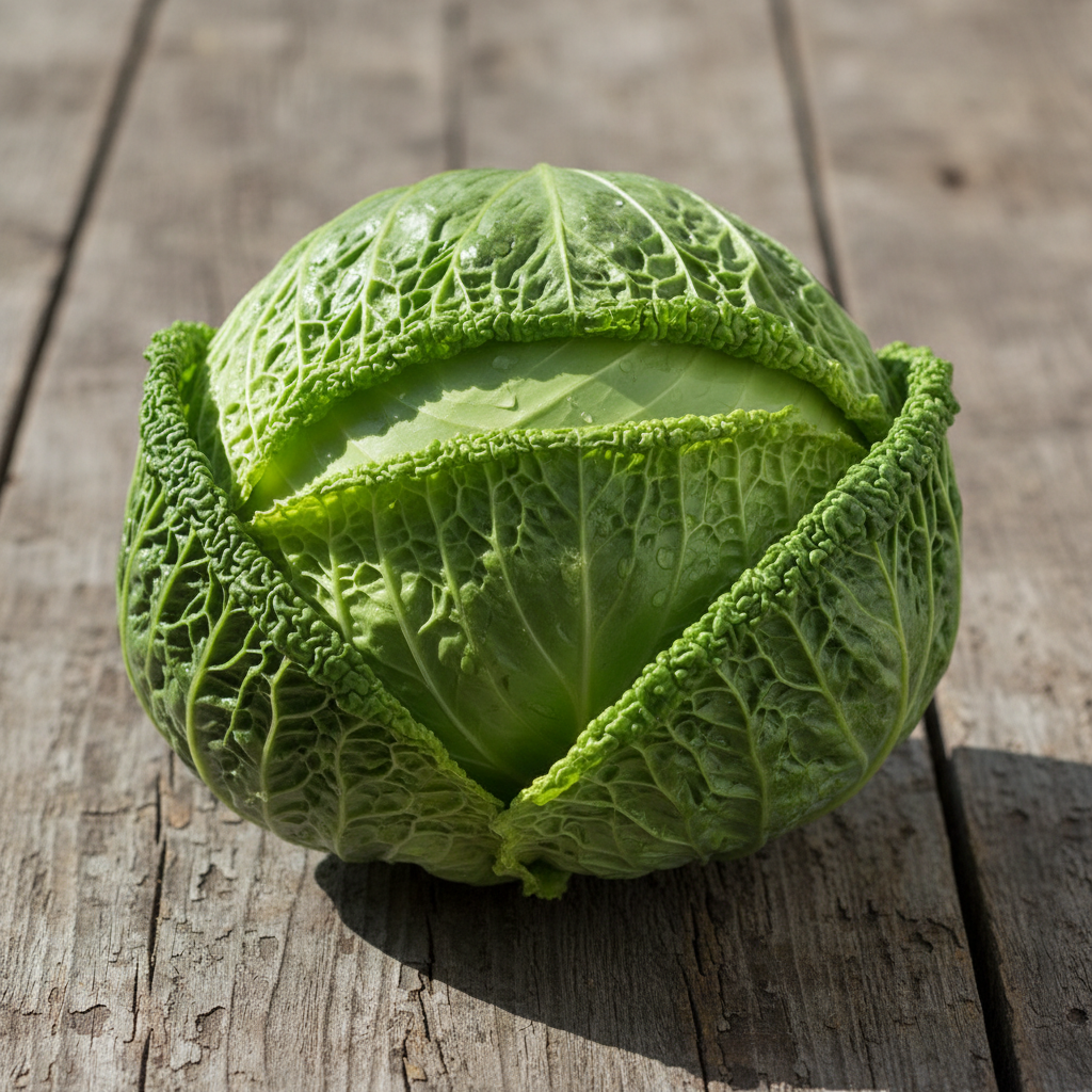 Large round firm green cabbage head with tightly packed leaves on rustic wooden surface