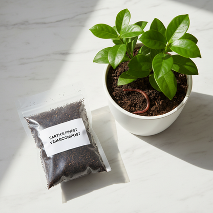 Vermicompost pouch with healthy potted plant lifestyle shot