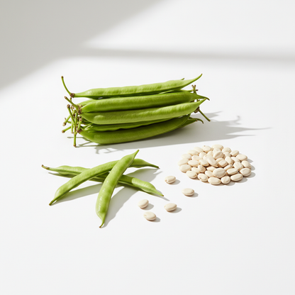 Fresh cluster beans guar phali pods and seeds on a clean white surface