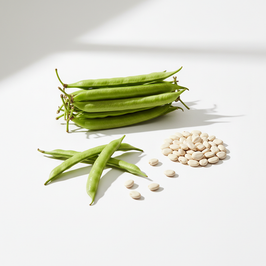 Fresh cluster beans guar phali pods and seeds on a clean white surface