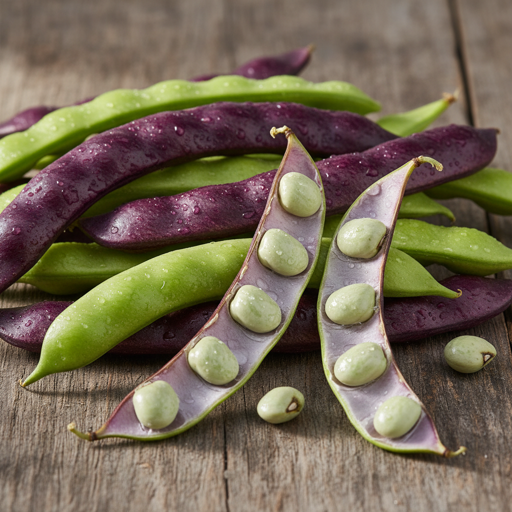 Fresh purple and green flat hyacinth bean sem fali pods with some open showing beans inside on rustic wooden surface