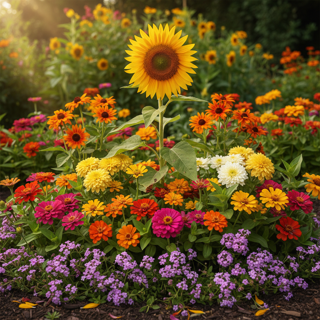 Flower seeds combo with Sunflower, Zinnia, Chrysanthemum, Verbena and Tithonia plants in full bloom